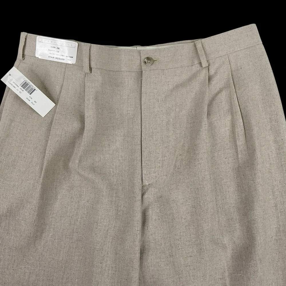 Perry Ellis Pants Men 36x32 (ACTUAL 35x31.5) Beige Linen Cuffed Pleated VTG NEW